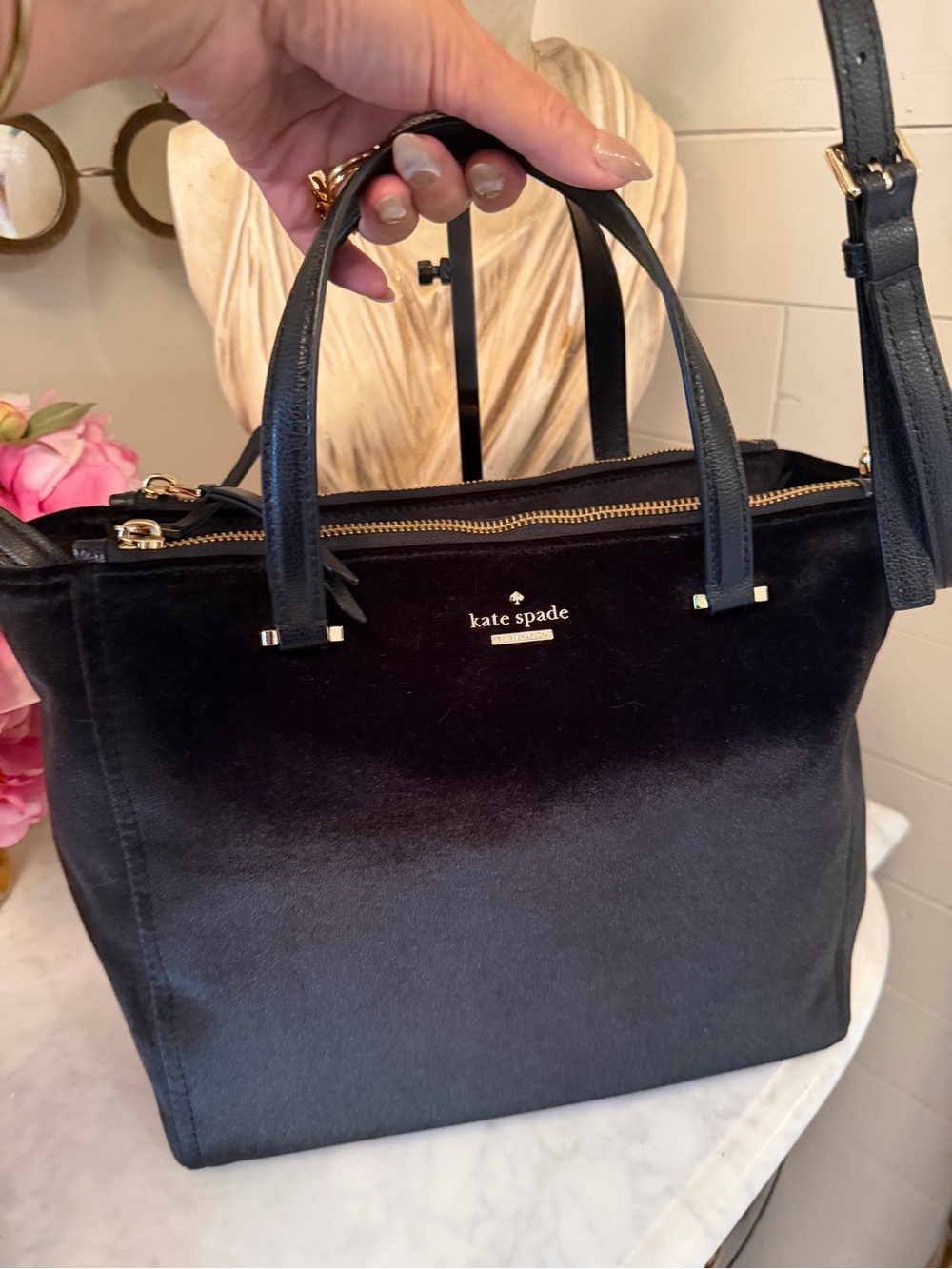 kate spade Black Velvet Crossbody Satchel with Gold Hardware